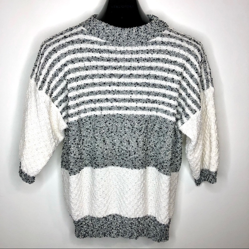 VINTAGE 90s Lagenlook Stretchy Textured Gray White Knitwear Sweater L/XL 12/14